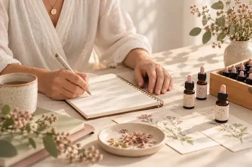 Espacio sereno de esencias florales y escritura